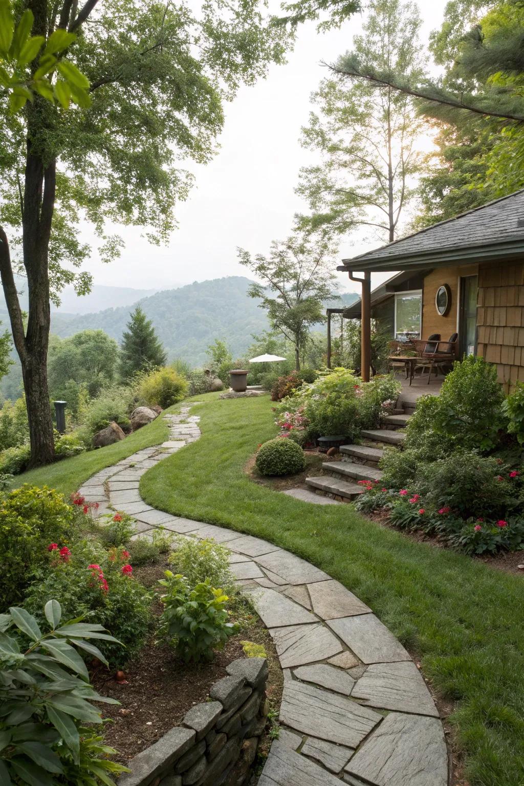 Pathways lead visitors through the splendor of your sloping garden.