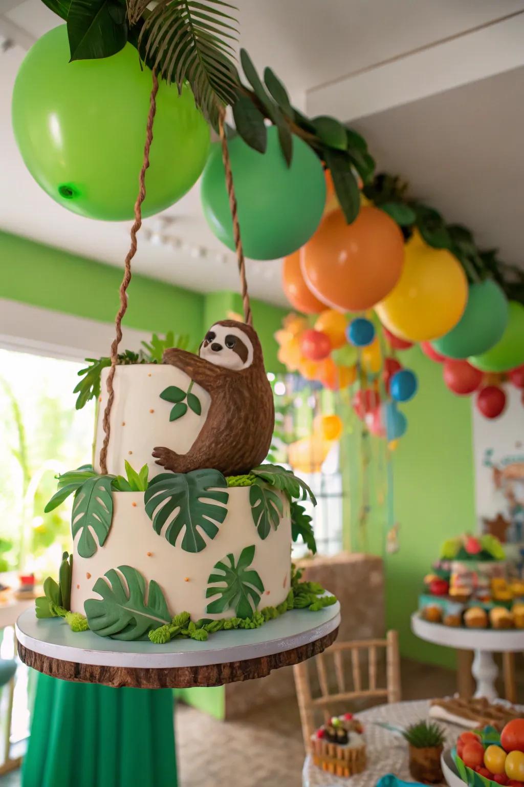 A hanging sloth dessert adds a playful touch.