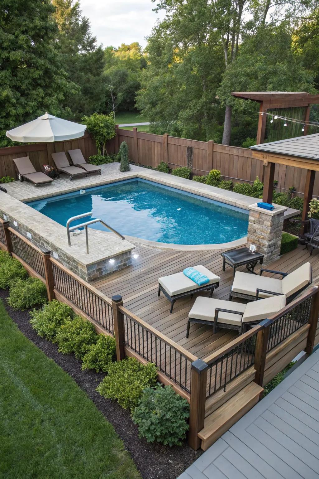 An inviting above-ground pool complete with surrounding seating designed for relaxation.
