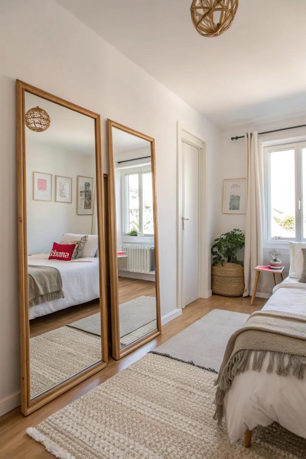 Bright shades and looking glasses can broaden compact Airbnb areas.