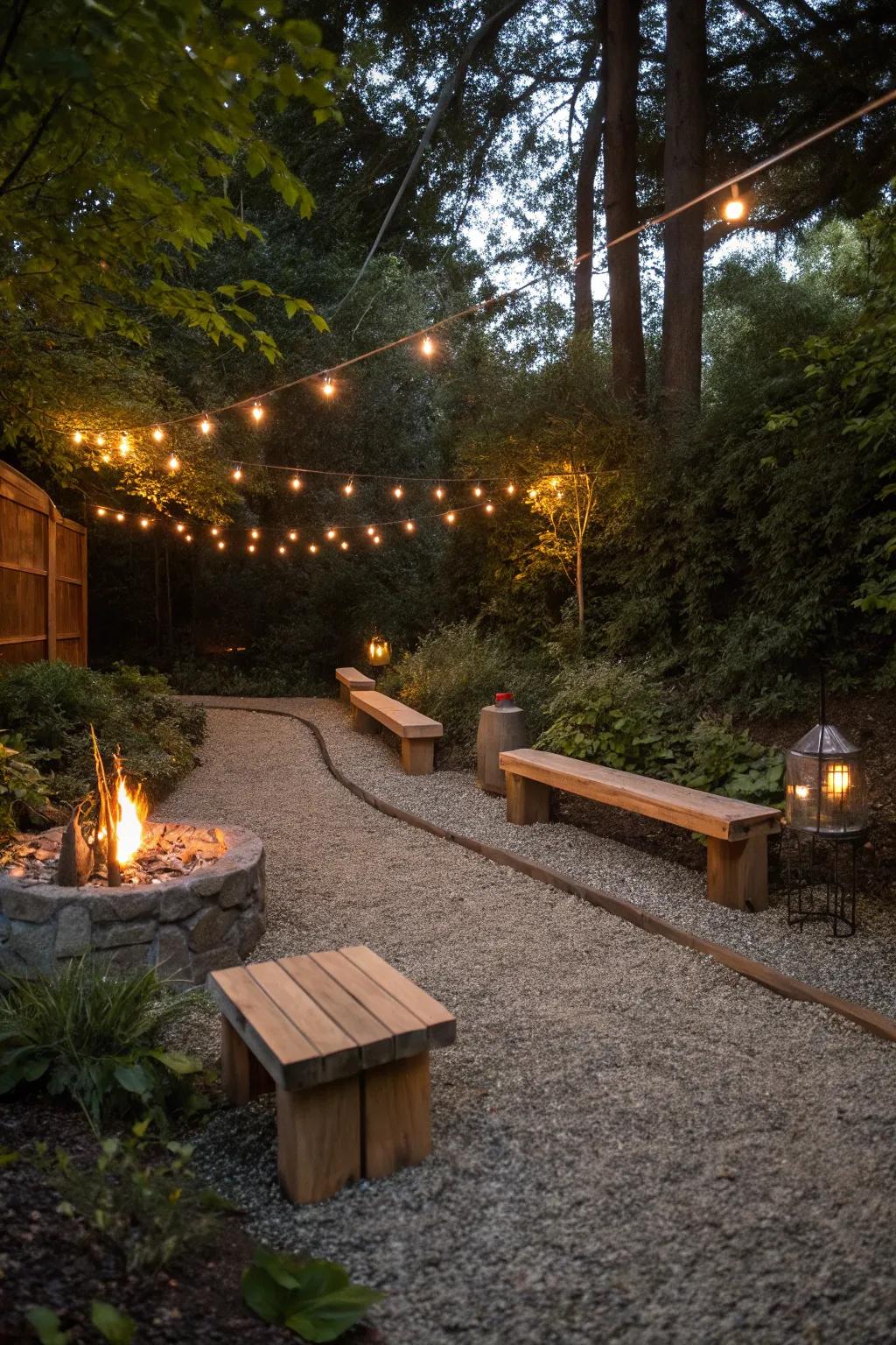Simple charm harmonizes with ease on a gravel surface complemented by built-in seating.