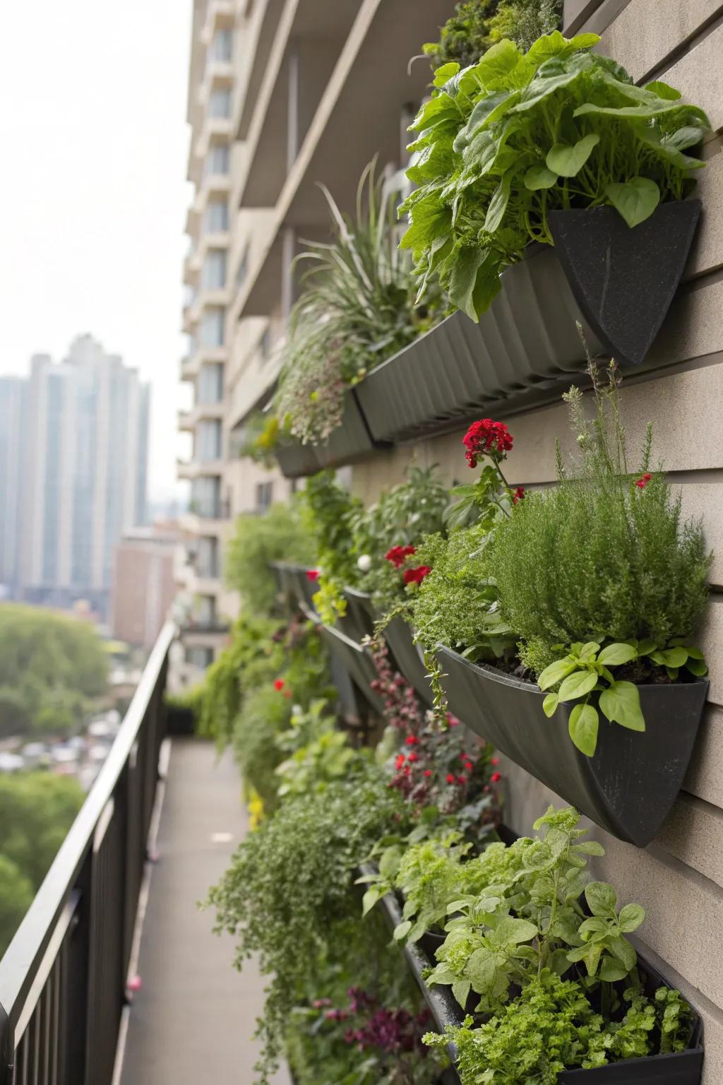 Vertical planters transform walls into lush green displays.