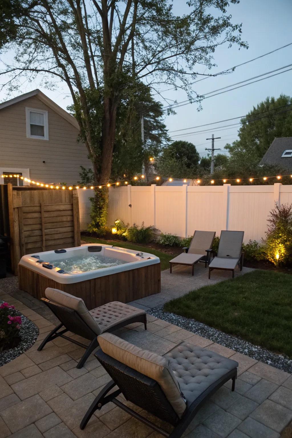 A small backyard featuring a soak station and inviting loungers for relaxation.