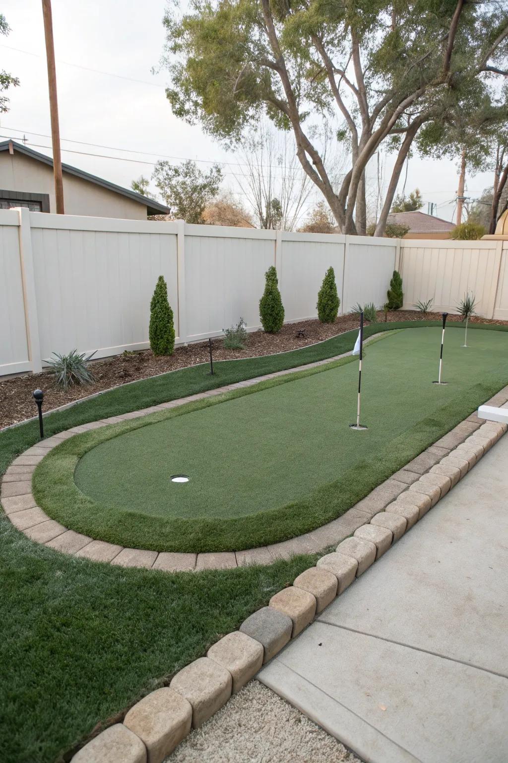 A chic, minimalist putting green scheme in a small backyard.