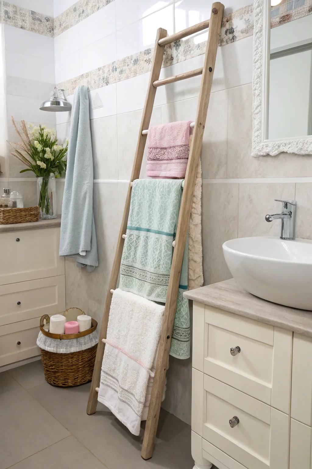 Elevate style with a decorative ladder for towel storage.