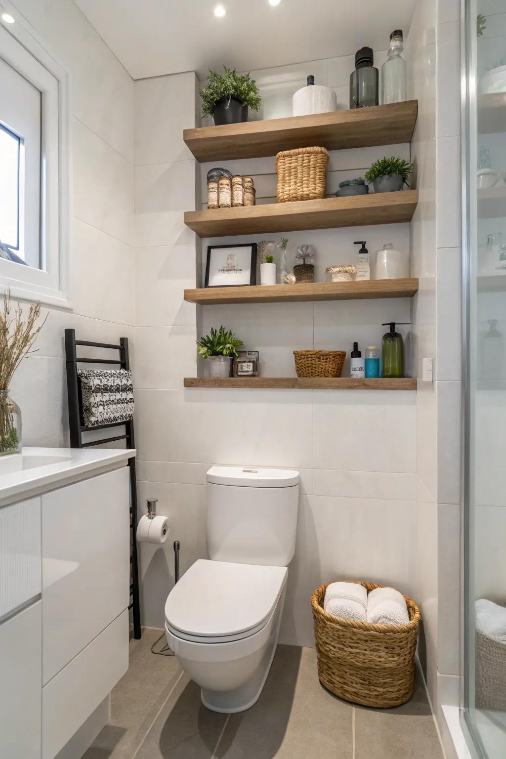 Floating shelves introduce elegance and practicality.