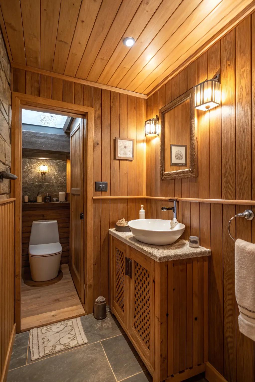 Wood finishes bringing warmth and a tranquil mood to a small bathroom.