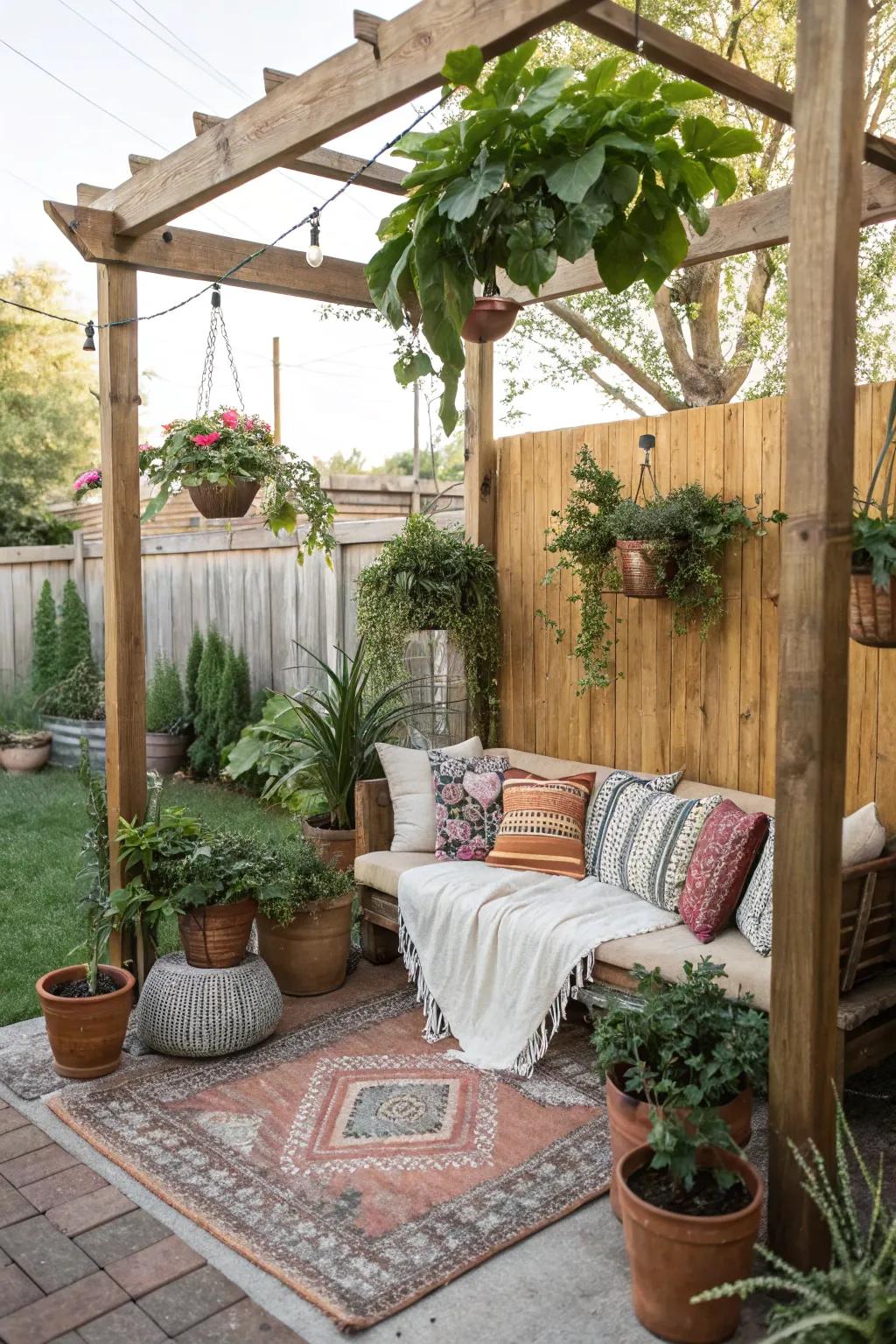 Hanging greenery utilizes area and incorporates lush vegetation.
