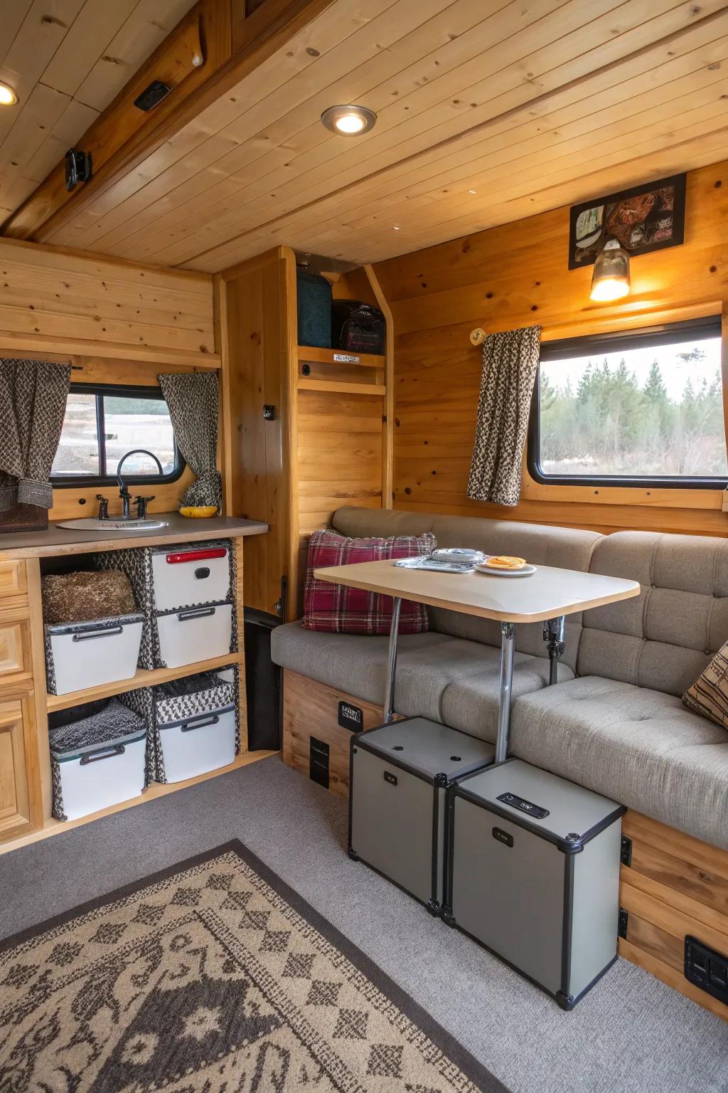 A cabin interior featuring versatile furnishings that maximizes available space.
