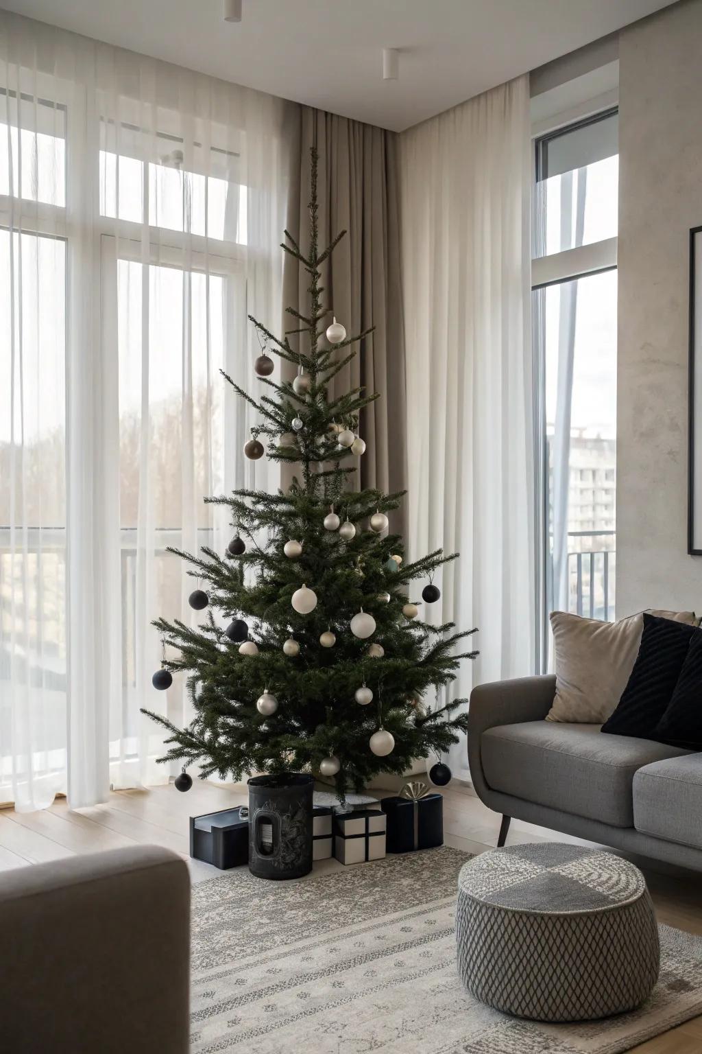 A sparse petite Christmas tree with simple, refined ornaments.