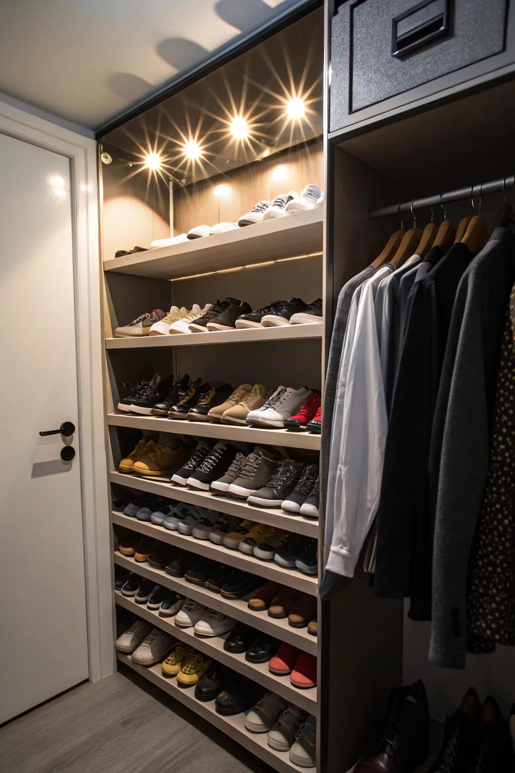 Focused lighting draws attention to a meticulously arranged shoe collection.