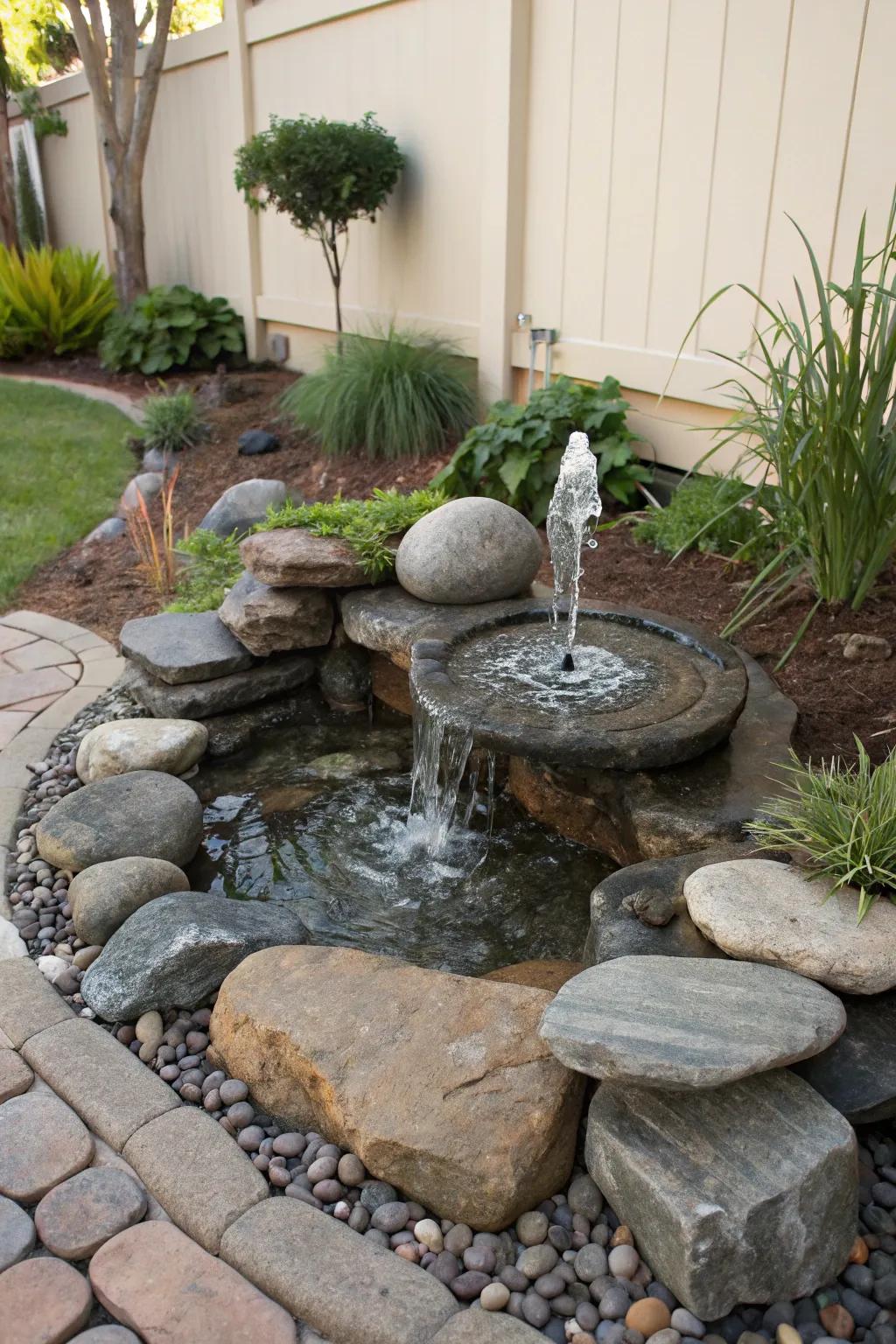A relaxing water element within a small corner rock garden.