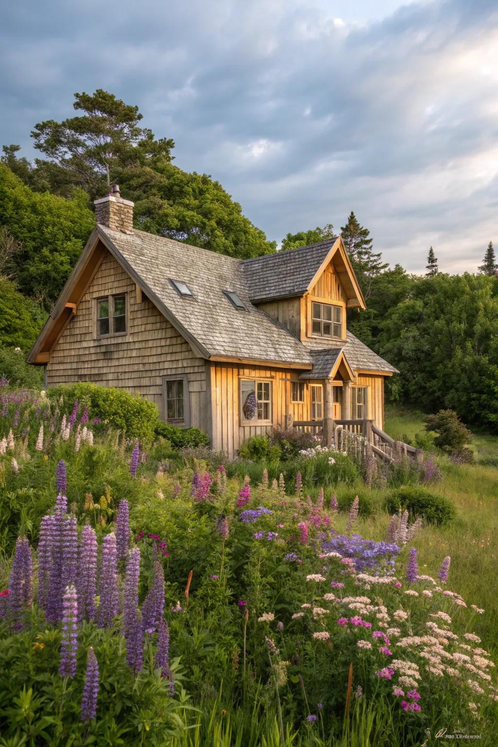 A cottage creatively combines wood and shingle siding.