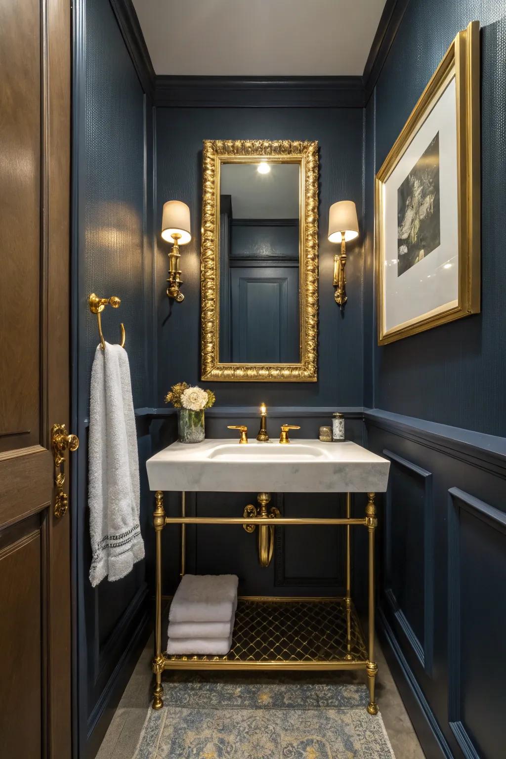 Golden highlights add a hint of extravagance to the deep blue bathroom.