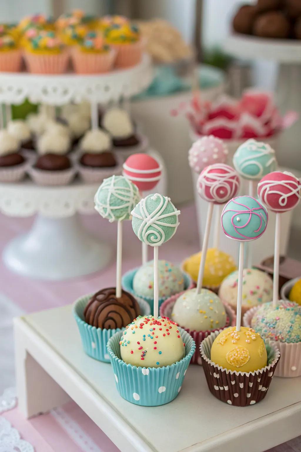 Colorful cake pops provide a lively touch to a sweet display.
