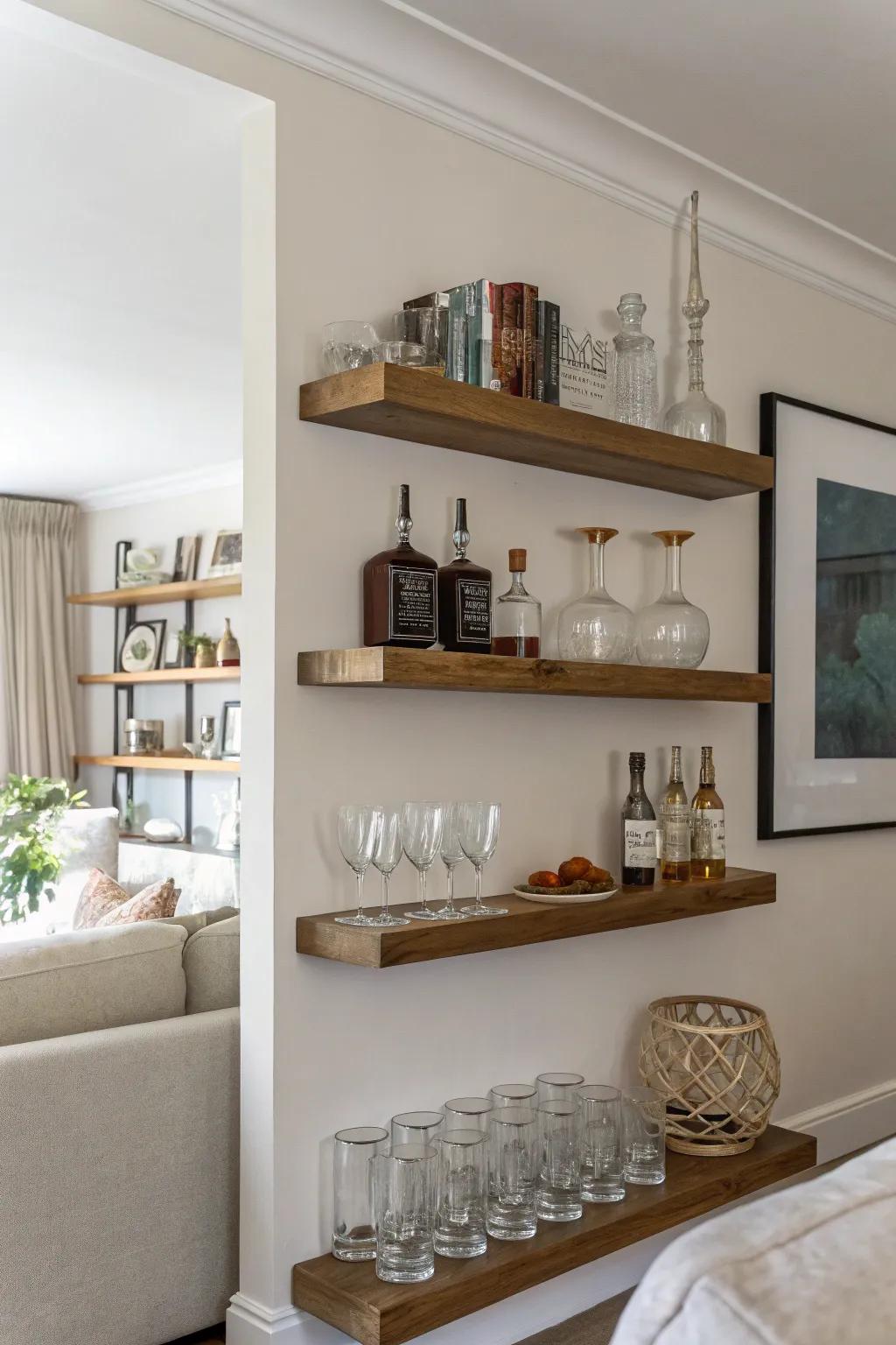Minimalist wall-mounted shelves create a sleek drink station.