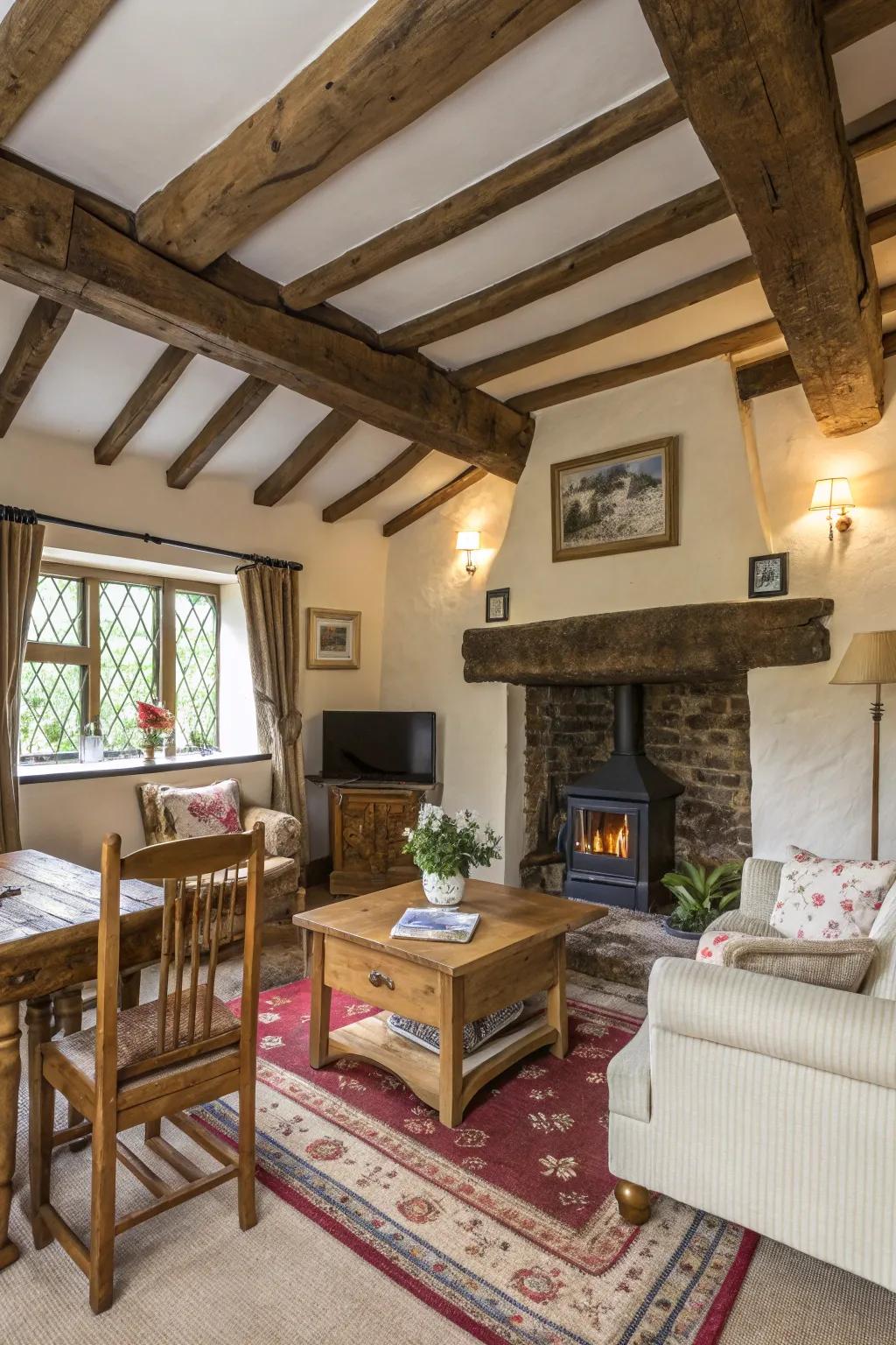 Country-style wooden rafters and furnishings enrich this cottage living area with warmth.