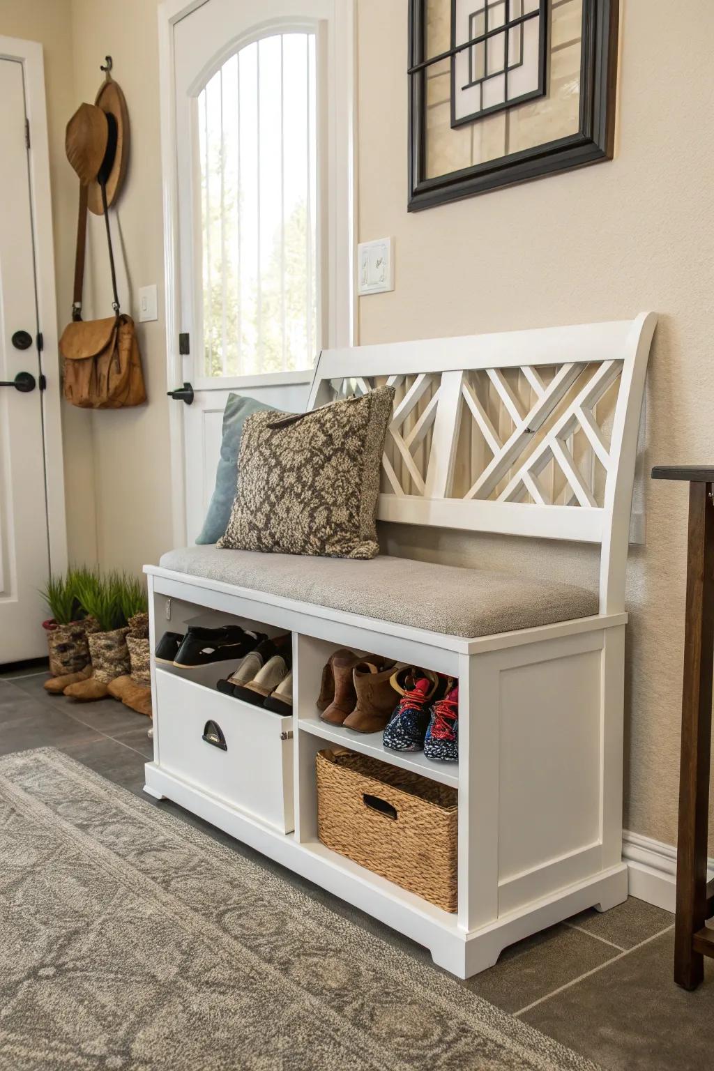 Benches with hidden storage offer both seating and organization.