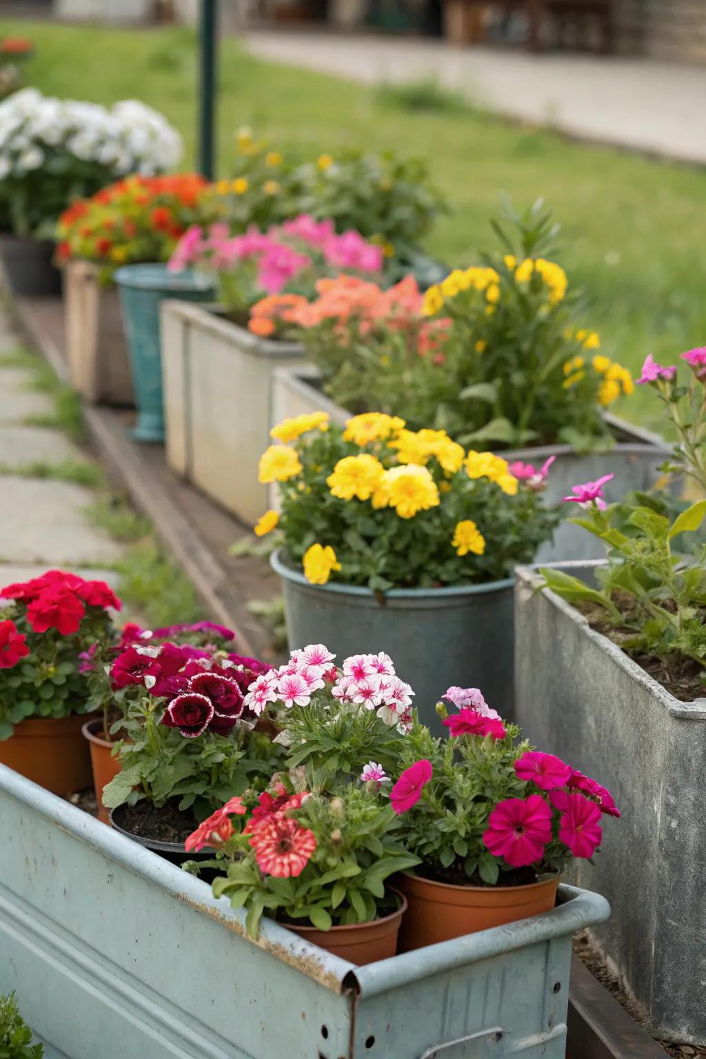 A versatile, compact flower bed showcasing a selection of containers filled with flowering plants.