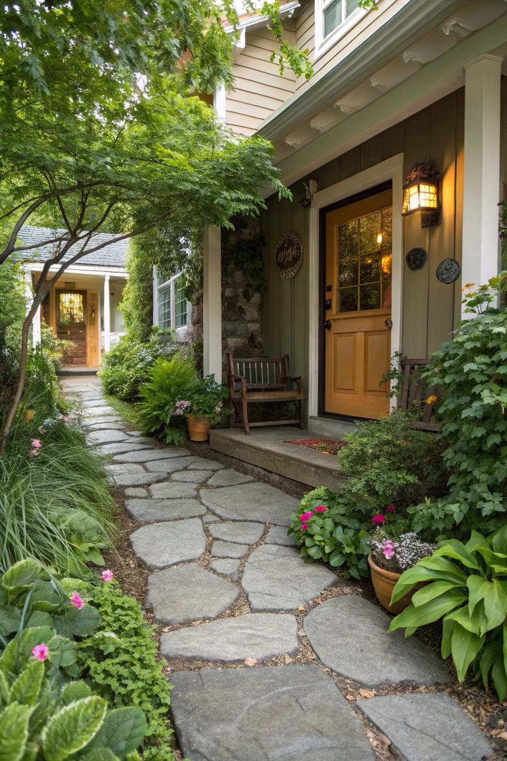 A stone walkway creates a charming path to the entrance.
