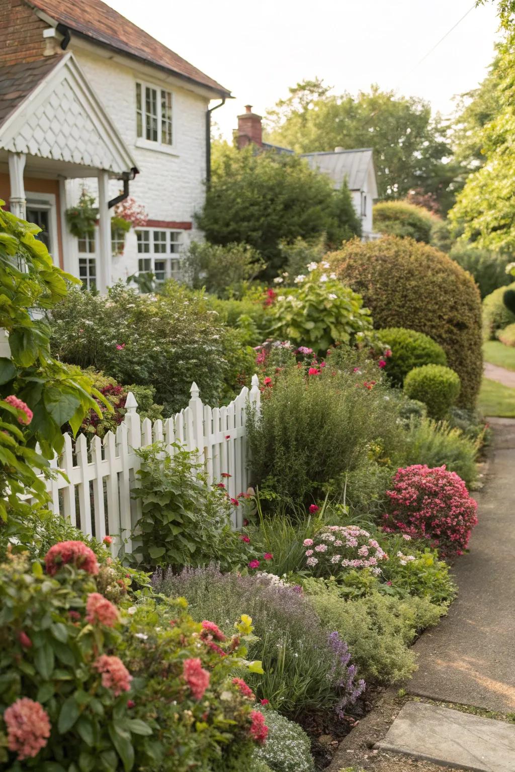 A lively mix of bushes and flowering plants within a small front garden setting.