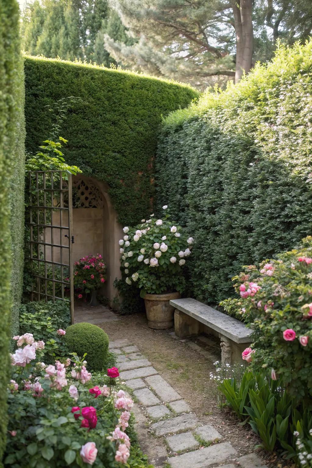Taller hedges create a secluded garden getaway.
