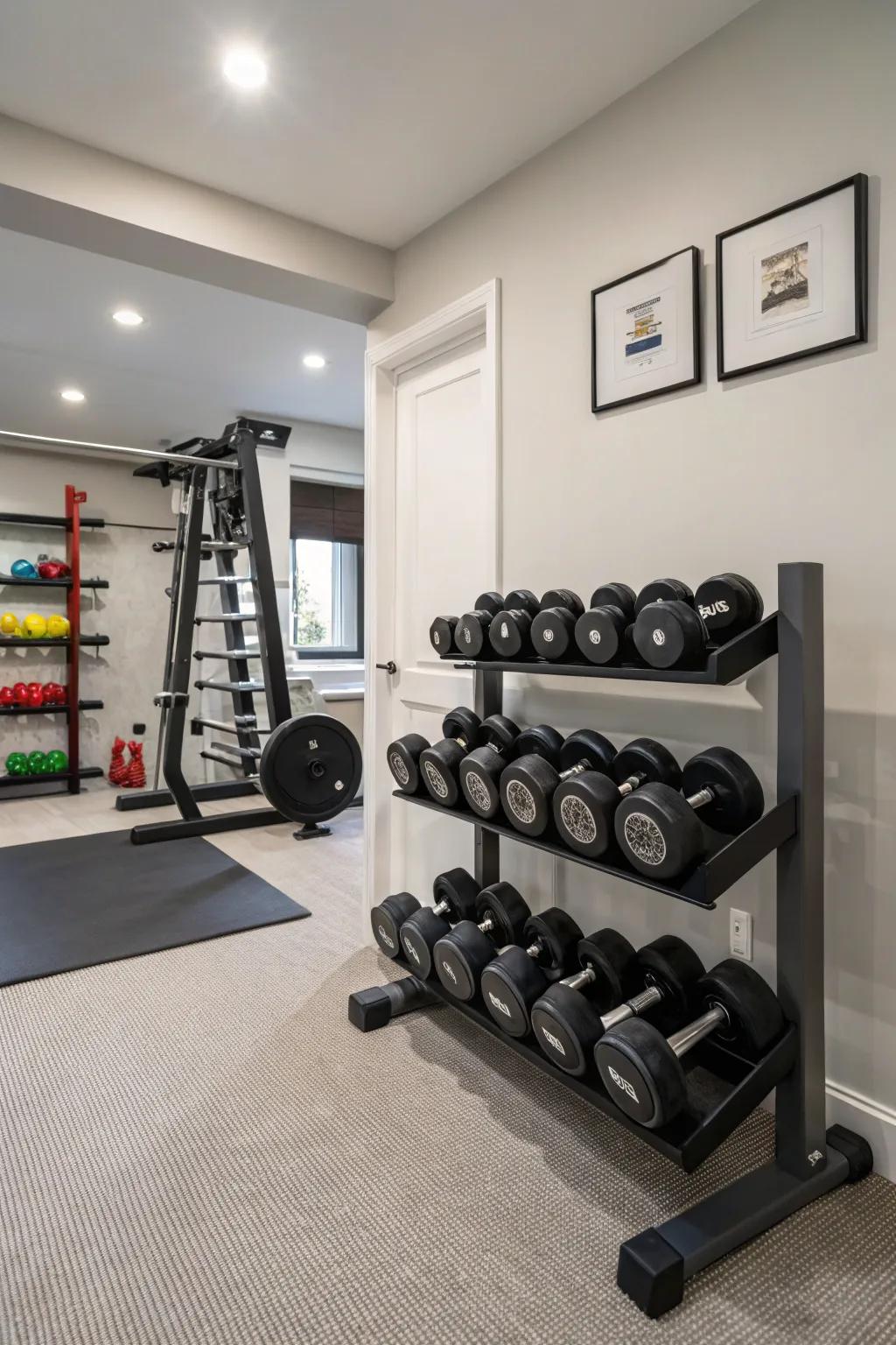 A storage rack for dumbbells maintains order and organization in your compact gym.