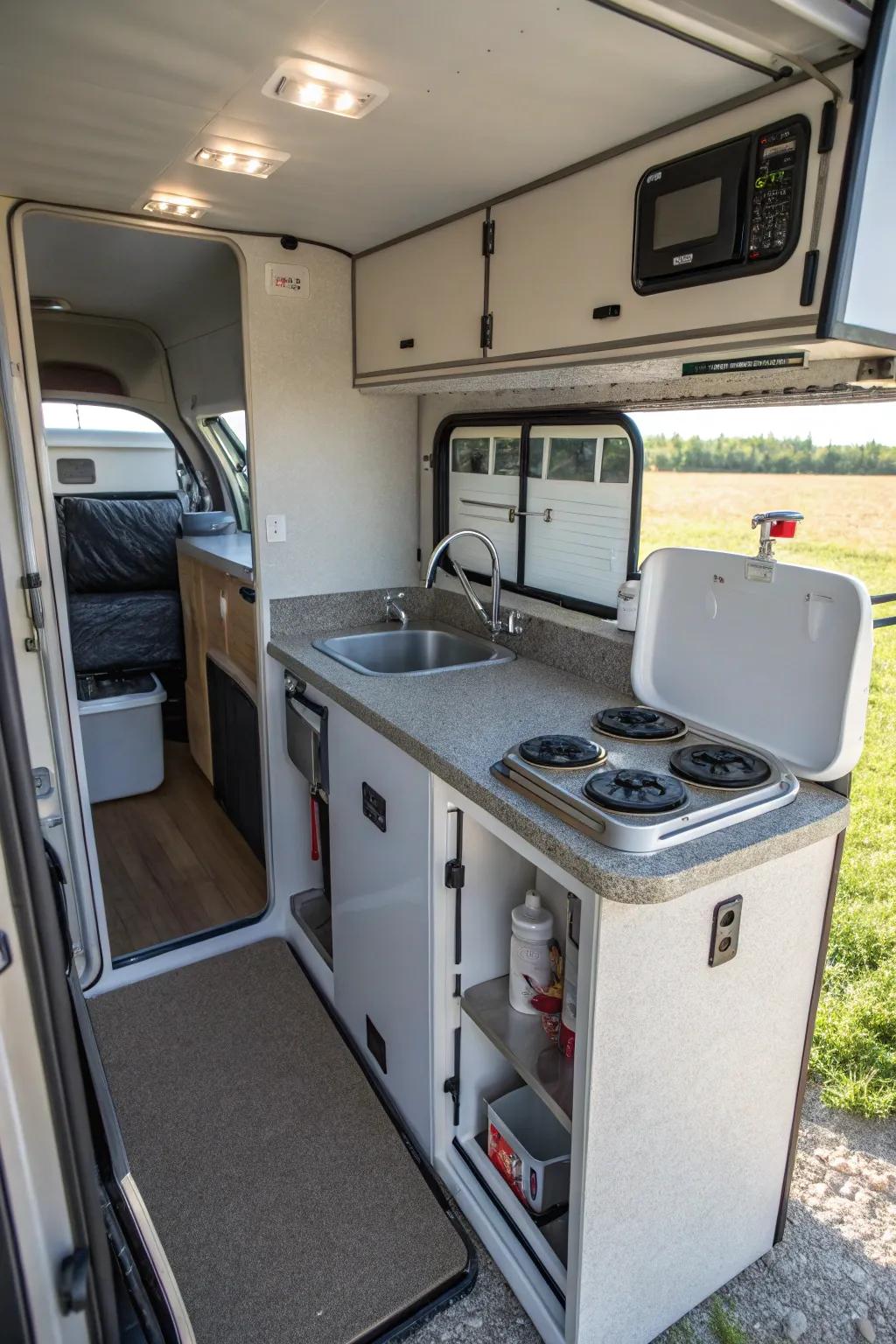 A small kitchen space ensures easy meal prep no matter where you are.