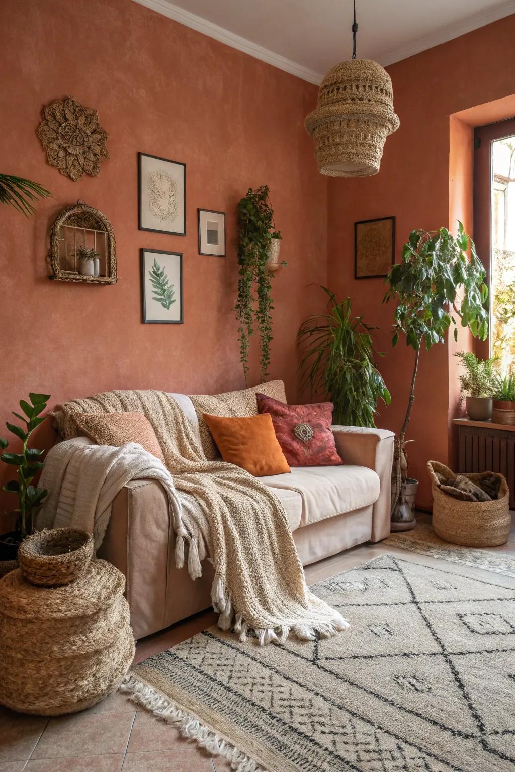 A compact living area featuring terracotta walls, creating a sensation of warmth.