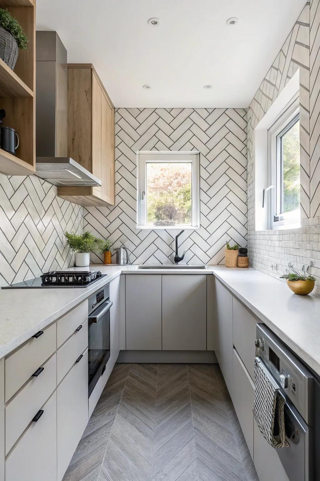 Introduce intriguing geometric patterns for a kitchen design that stands out.