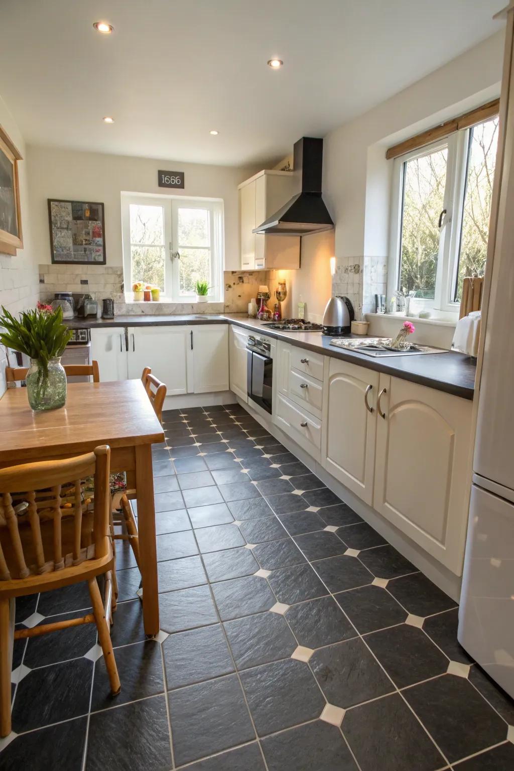 Floors with colors that contrast skillfully demarcate areas.