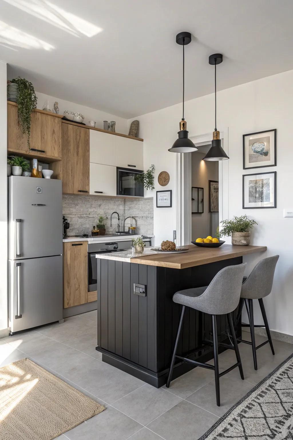 A dark island contrasted against light walls, crafting depth and sophistication.