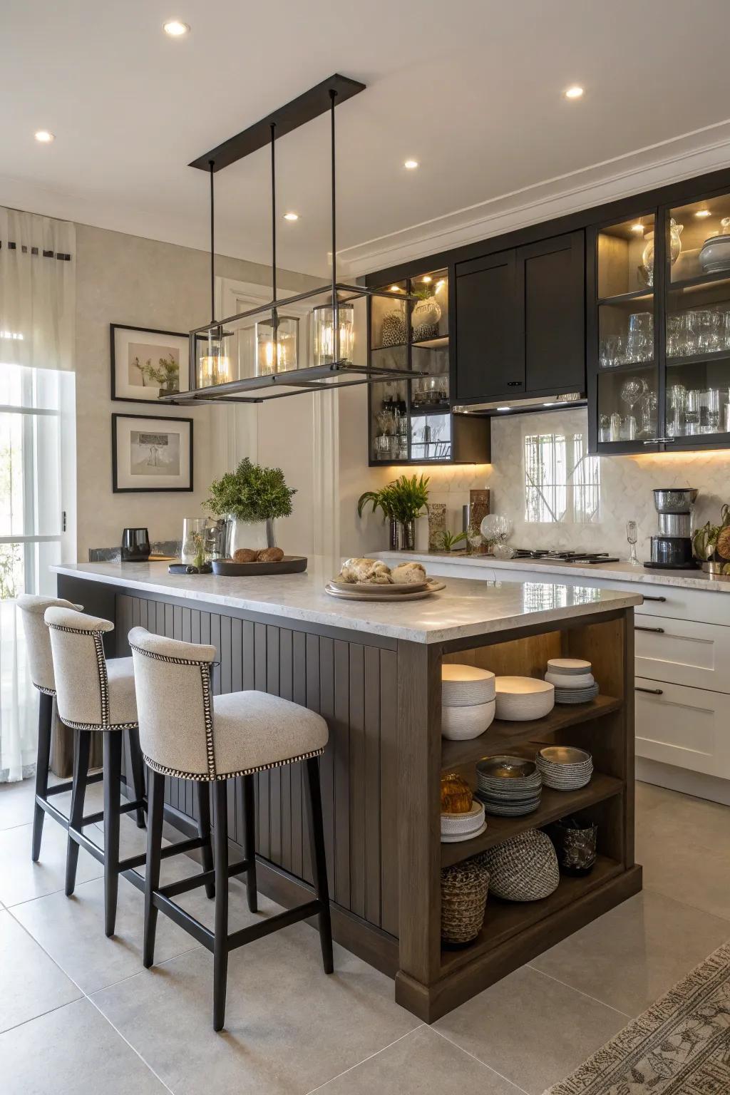 A multipurpose kitchen island that works as a prep area and dining spot.