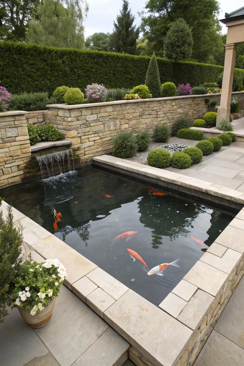 A chic raised koi pond elevates both style and fish viewing.