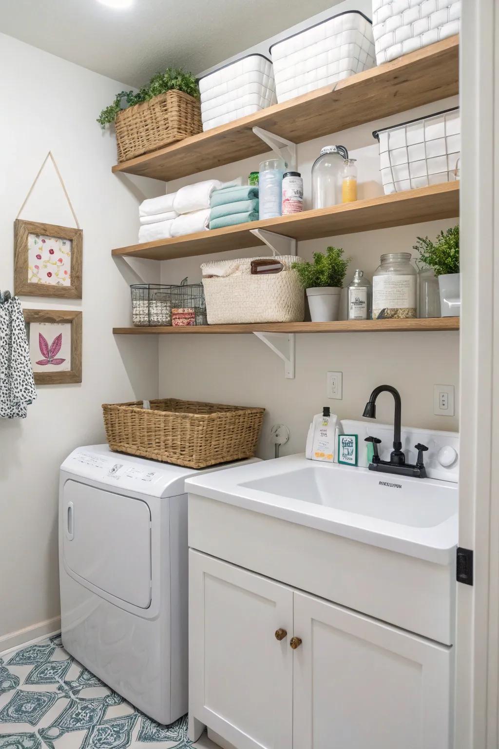 Make use of vertical space with trendy elevated shelving units.