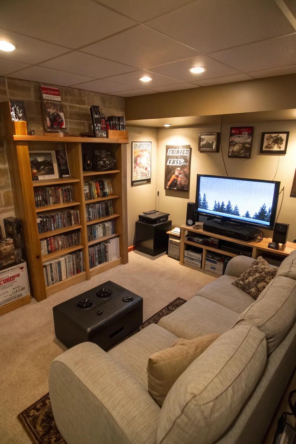 An entertainment corner effectively makes use of area, seamlessly including a TV and gaming system.