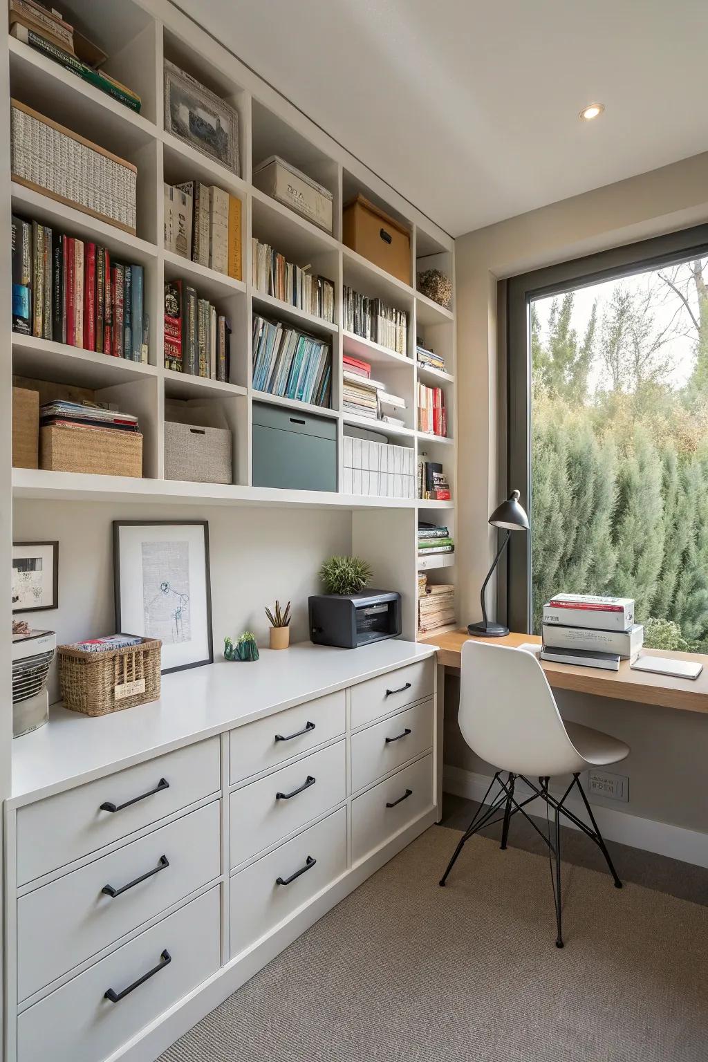 Using vertical storage in a small office helps boost space efficiency.