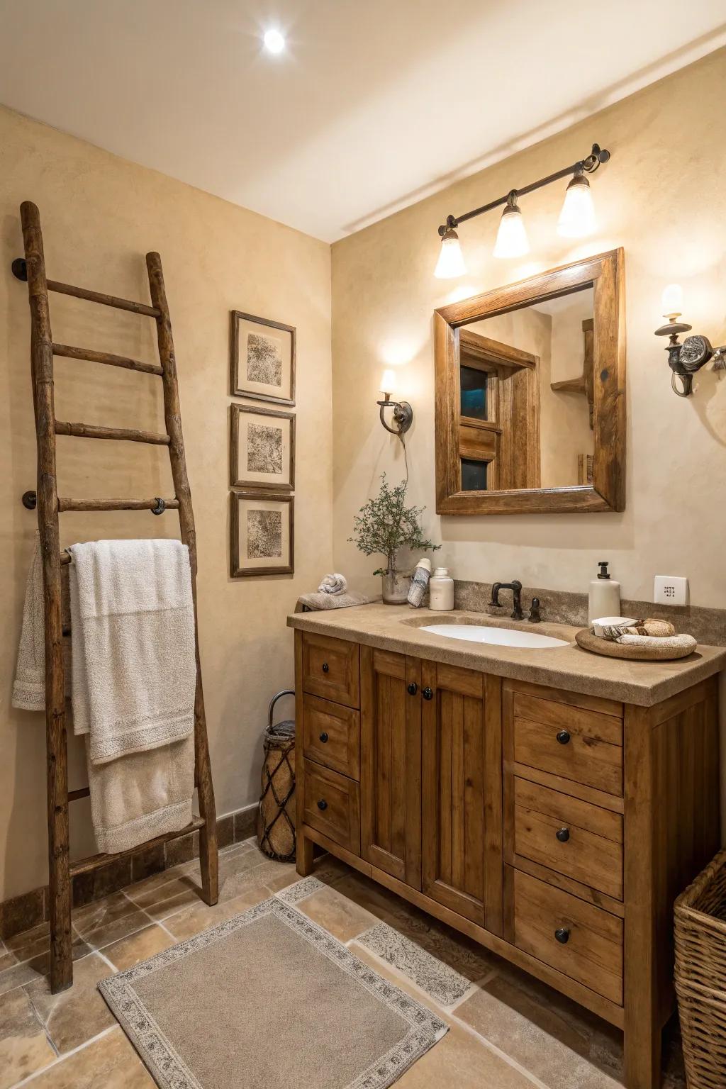 Neutral shades foster a tranquil ambiance within a rustic bathroom.