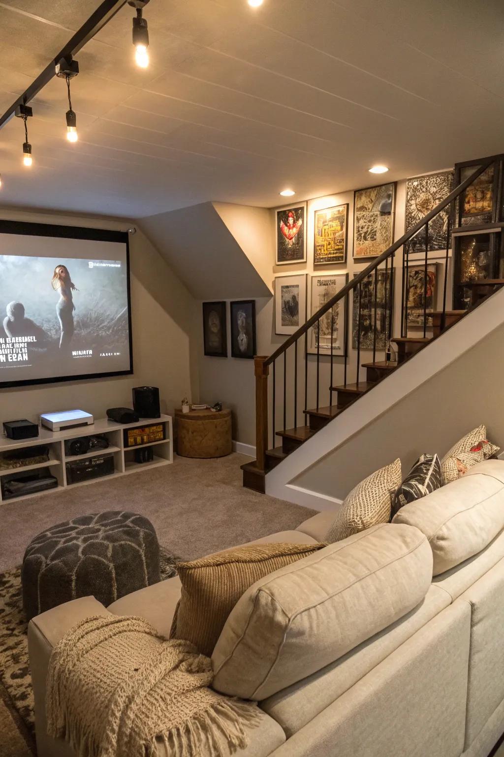 A captivating movie room located under the stairs.