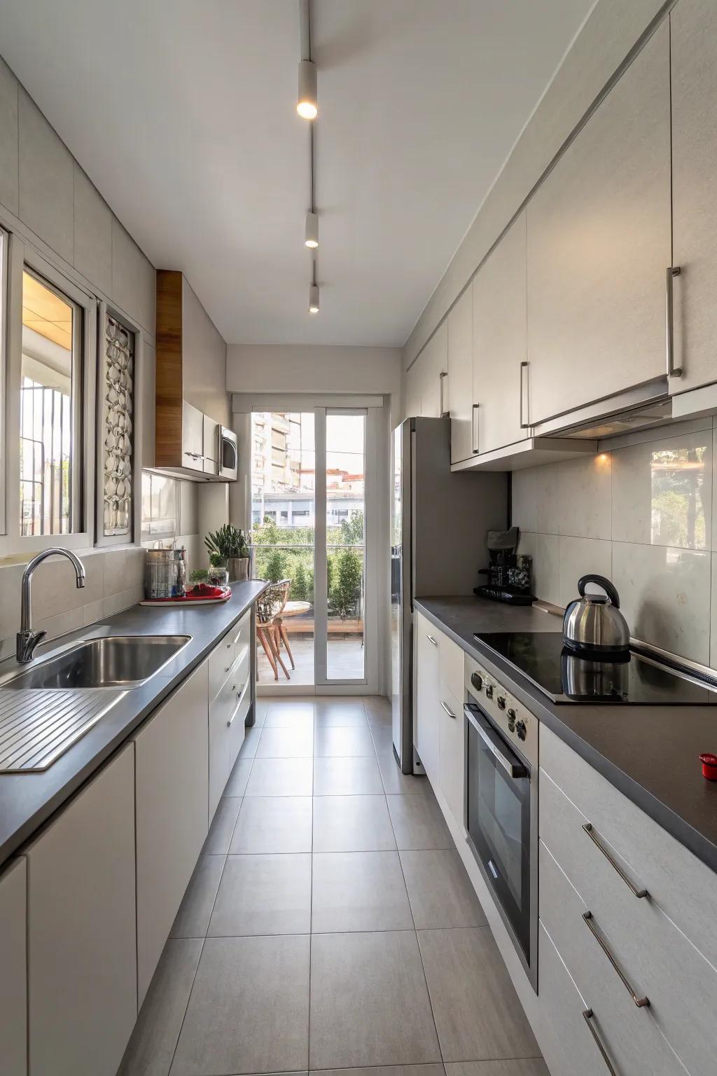 An efficient layout turns this narrow kitchen into a useful area.