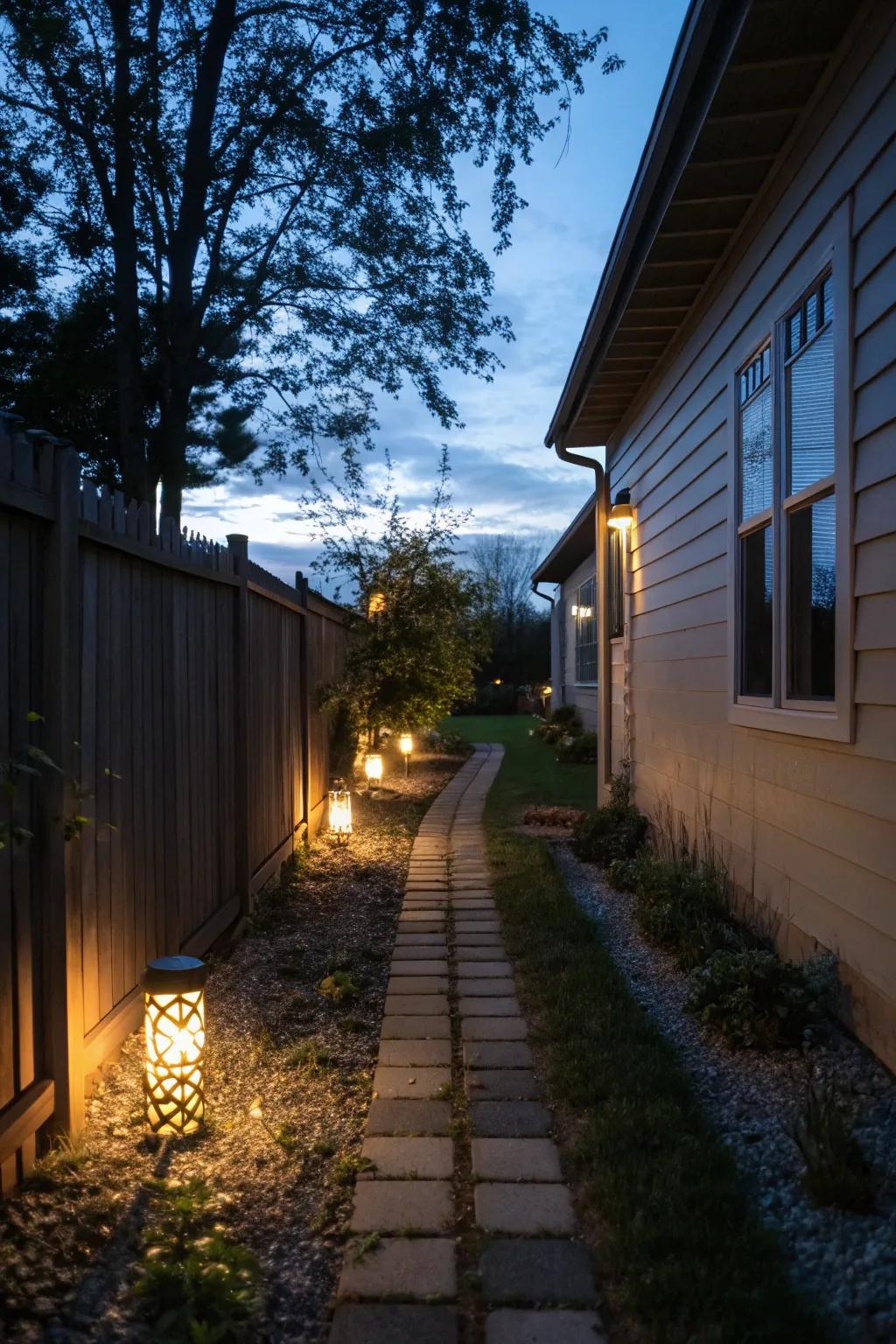 Ambient lighting enhances the charm and usability of your side yard after dark.