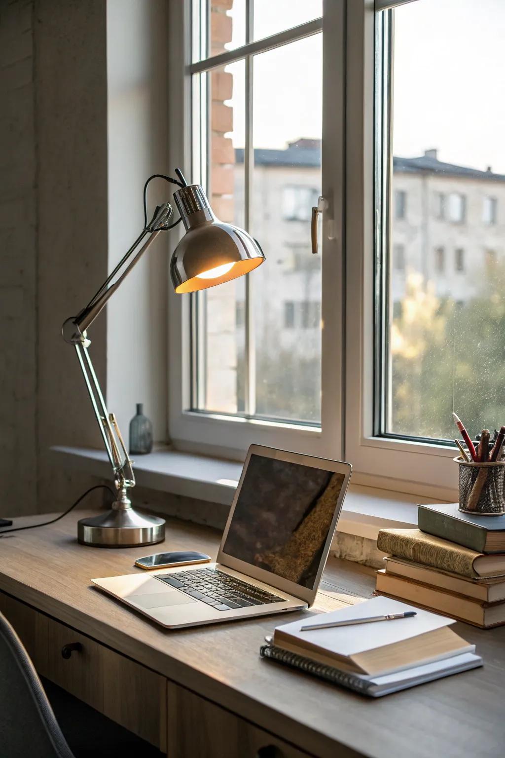 An arrangement of natural and artificial light improves the atmosphere of a small workspace.