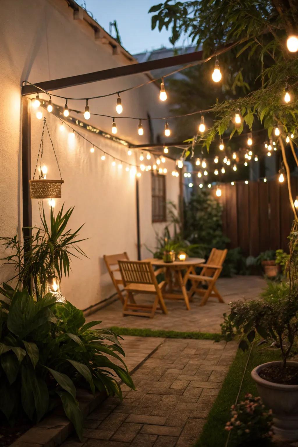 String lights contribute a whimsical element to your compact outdoor zone.