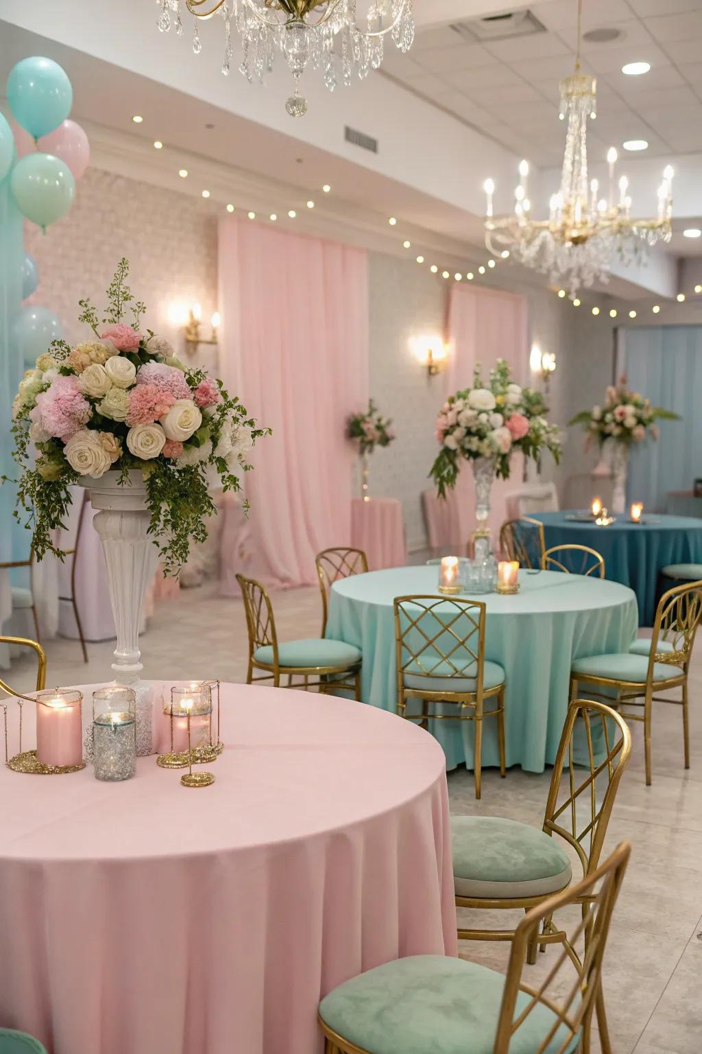 Pastel and metallic color themes fashion a balanced and stylish environment.