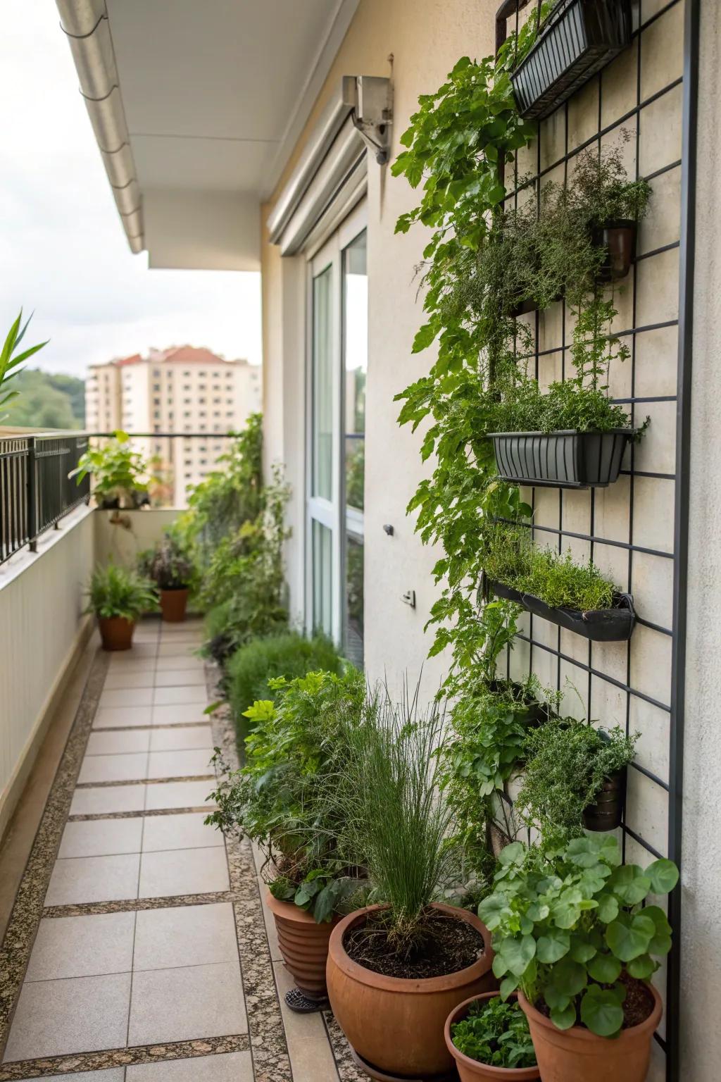 Greenery enhances a small patio space.