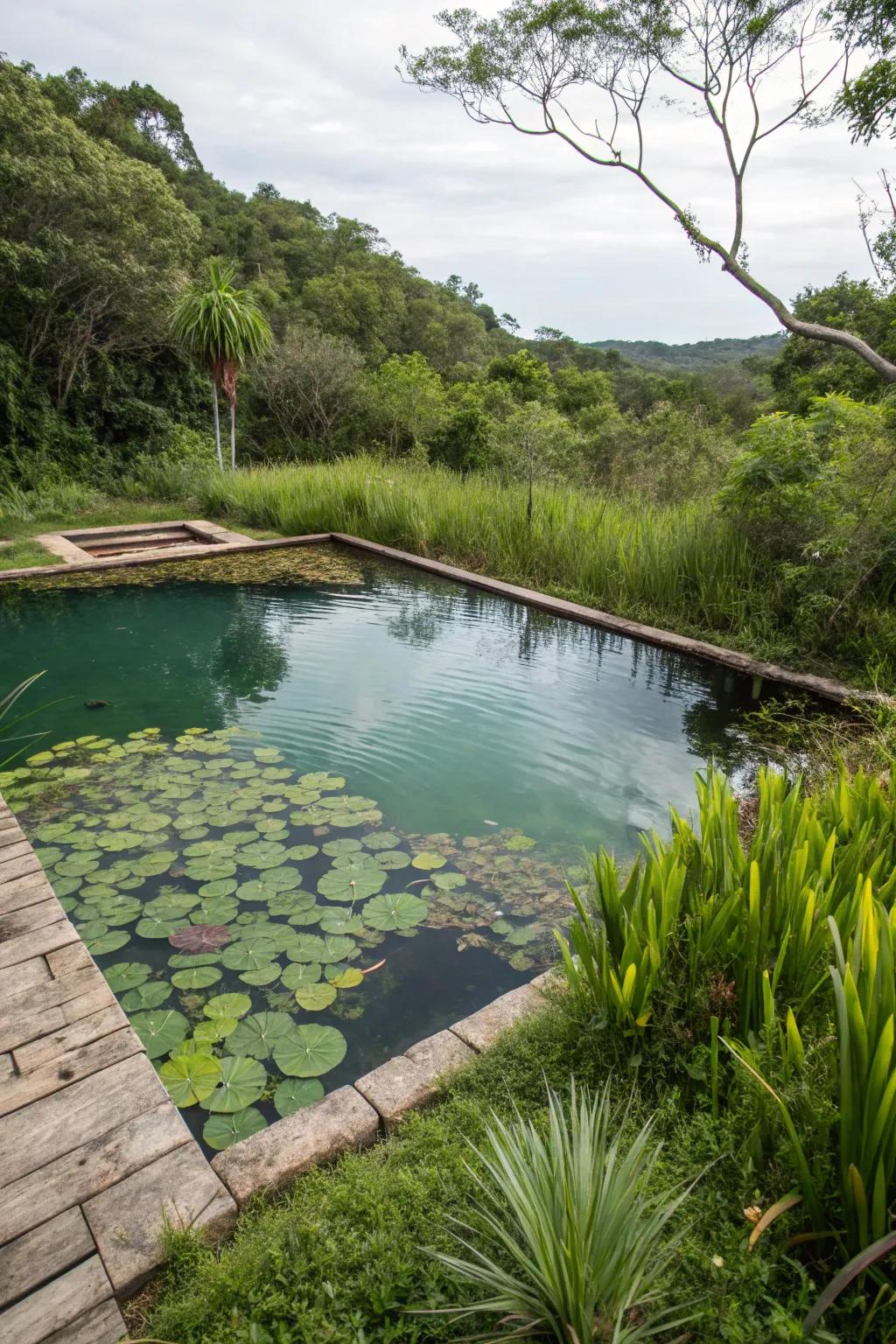 A tranquil natural pool purified by a floating wetland system.