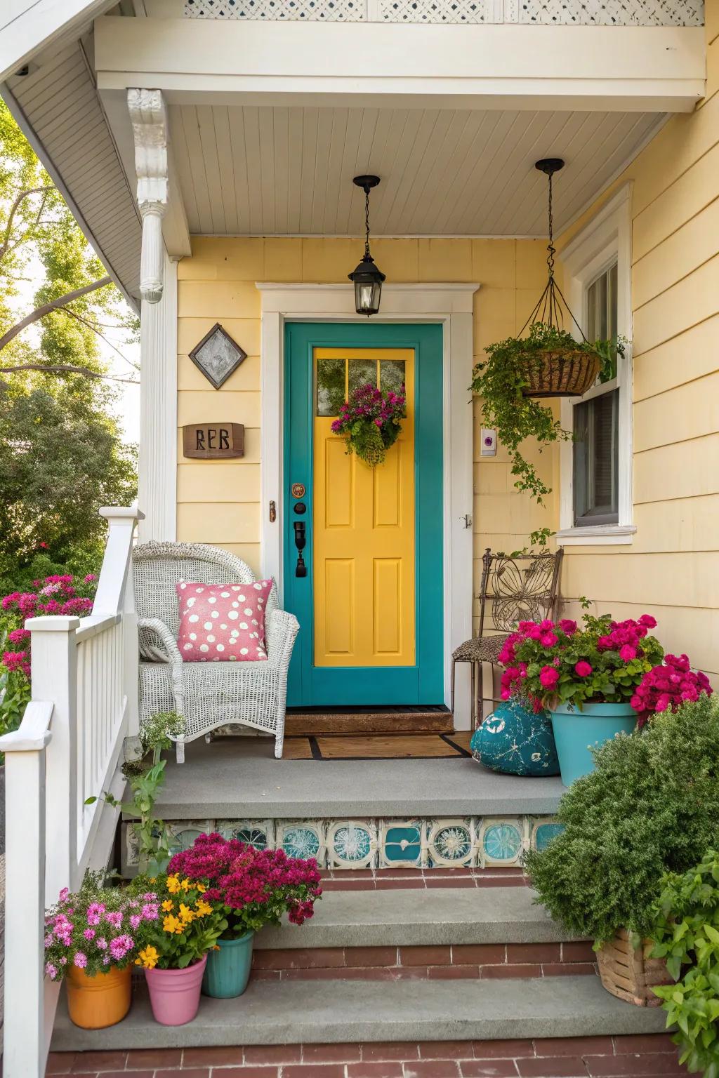 A vibrant front door brings a cheerful burst of color to your porch.