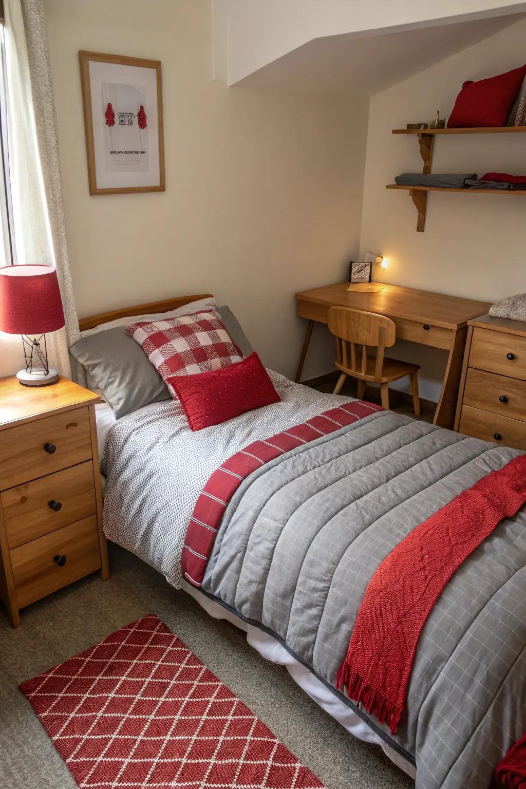 A comfortable bedroom showcasing layered crimson and ash bedding that adds depth and warmth.
