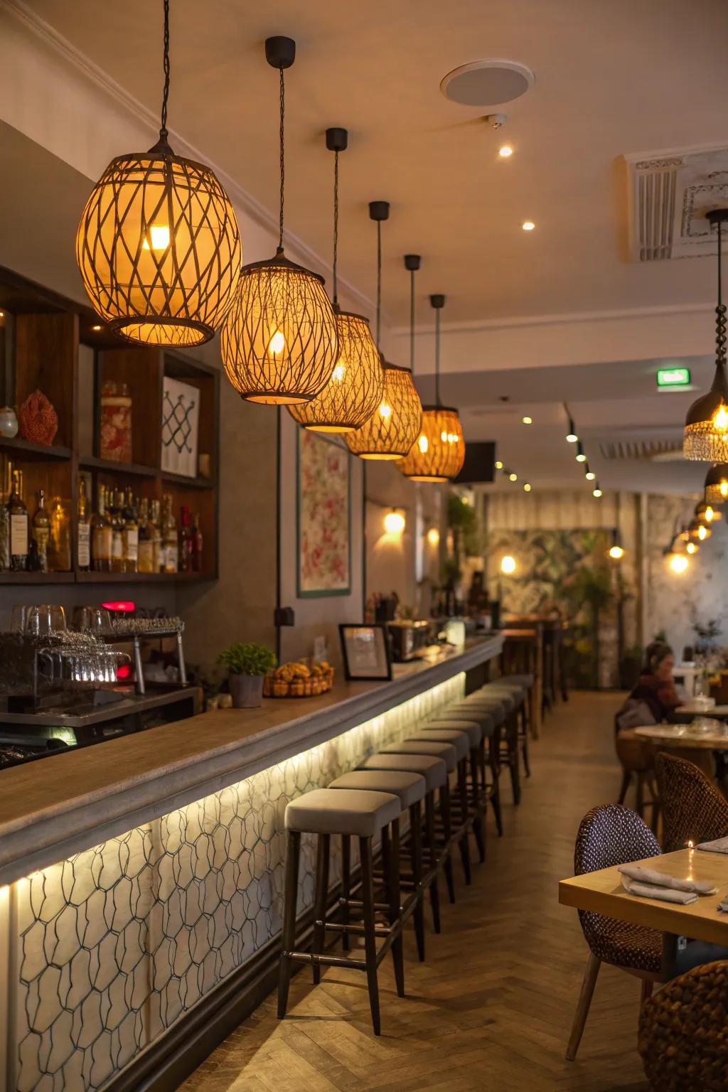 Cozy hanging lights conjuring up an appealing mood in a petite eatery's bar.