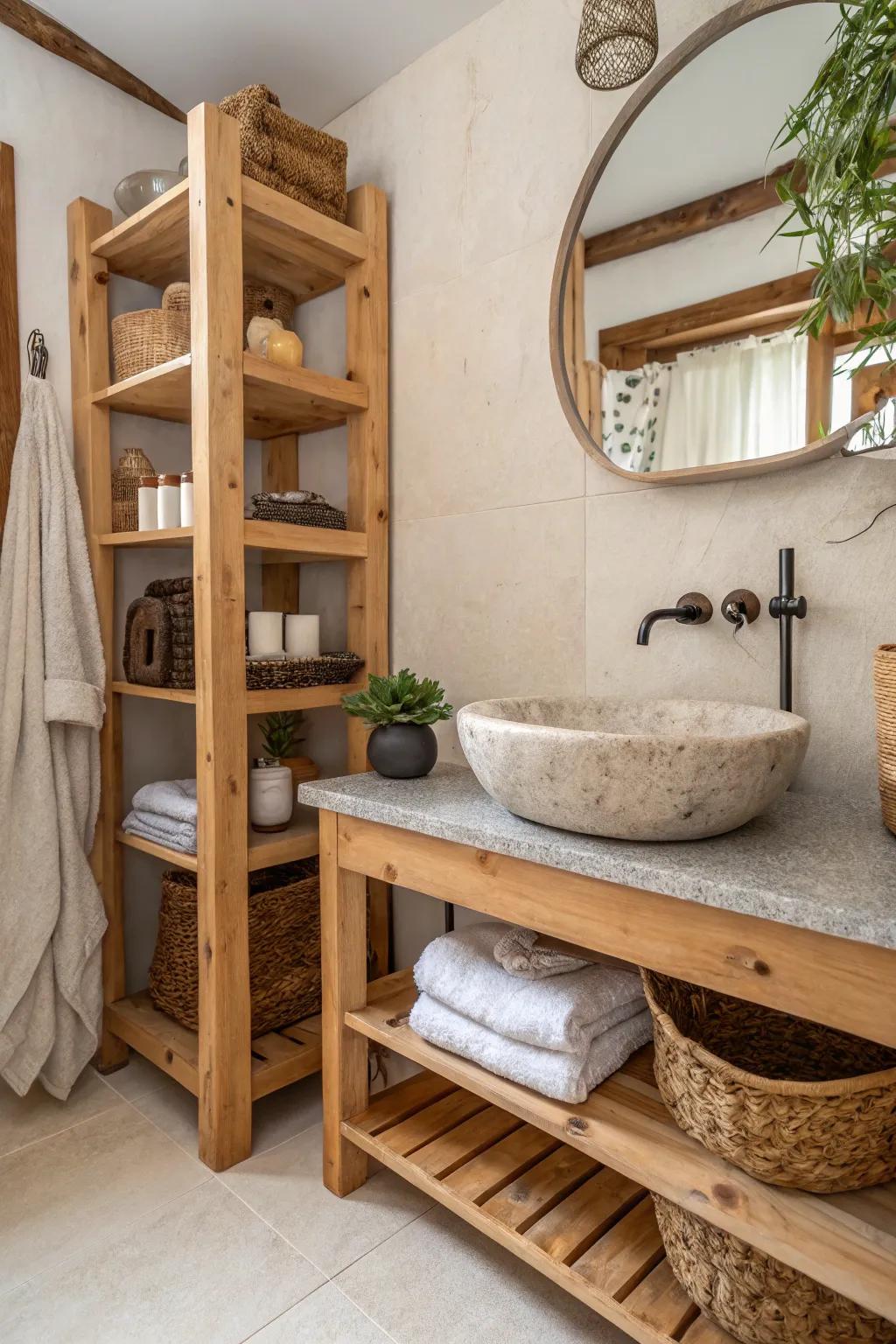 Raw materials like wood and stone contribute warmth and texture.